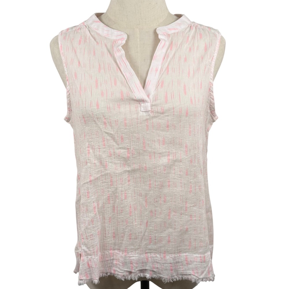 Carve Designs Dylan Sleeveless‎ Top M Pink White Ikat Stripe Frayed Hem Coastal